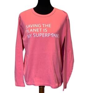 Hand Printed Upcycled Womens Medium Saving the Planet Superpower Long Sleeve Tee